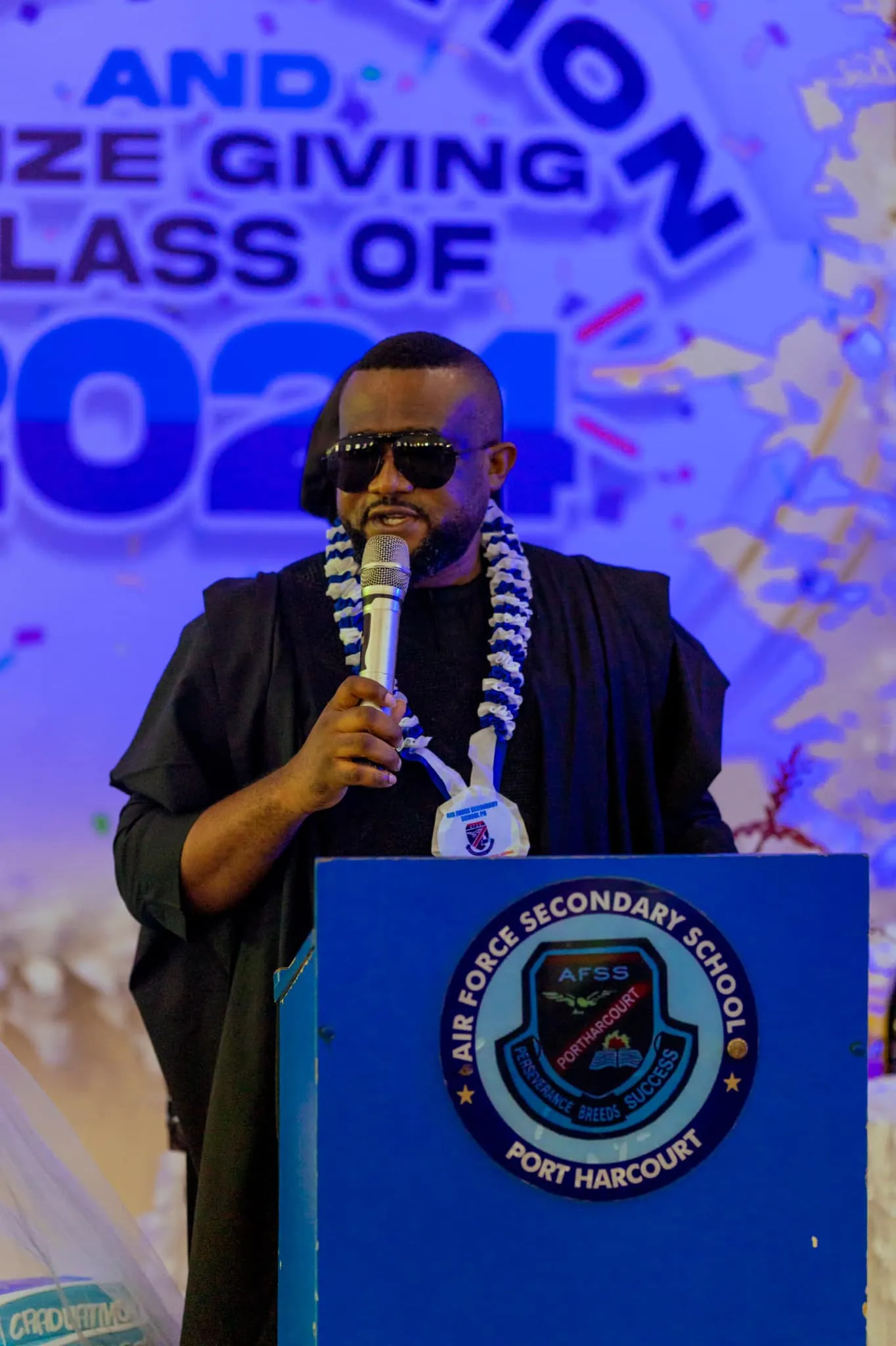 Victor Ekpenyong speaking at the Air Force Secondary School Port Harcourt prize giving, Class of 2024